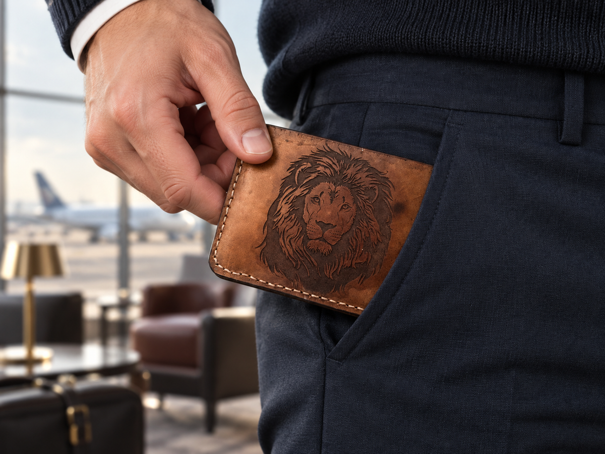 Caramel Lion Engraved Bifold Wallet, lifestyle shot, carried