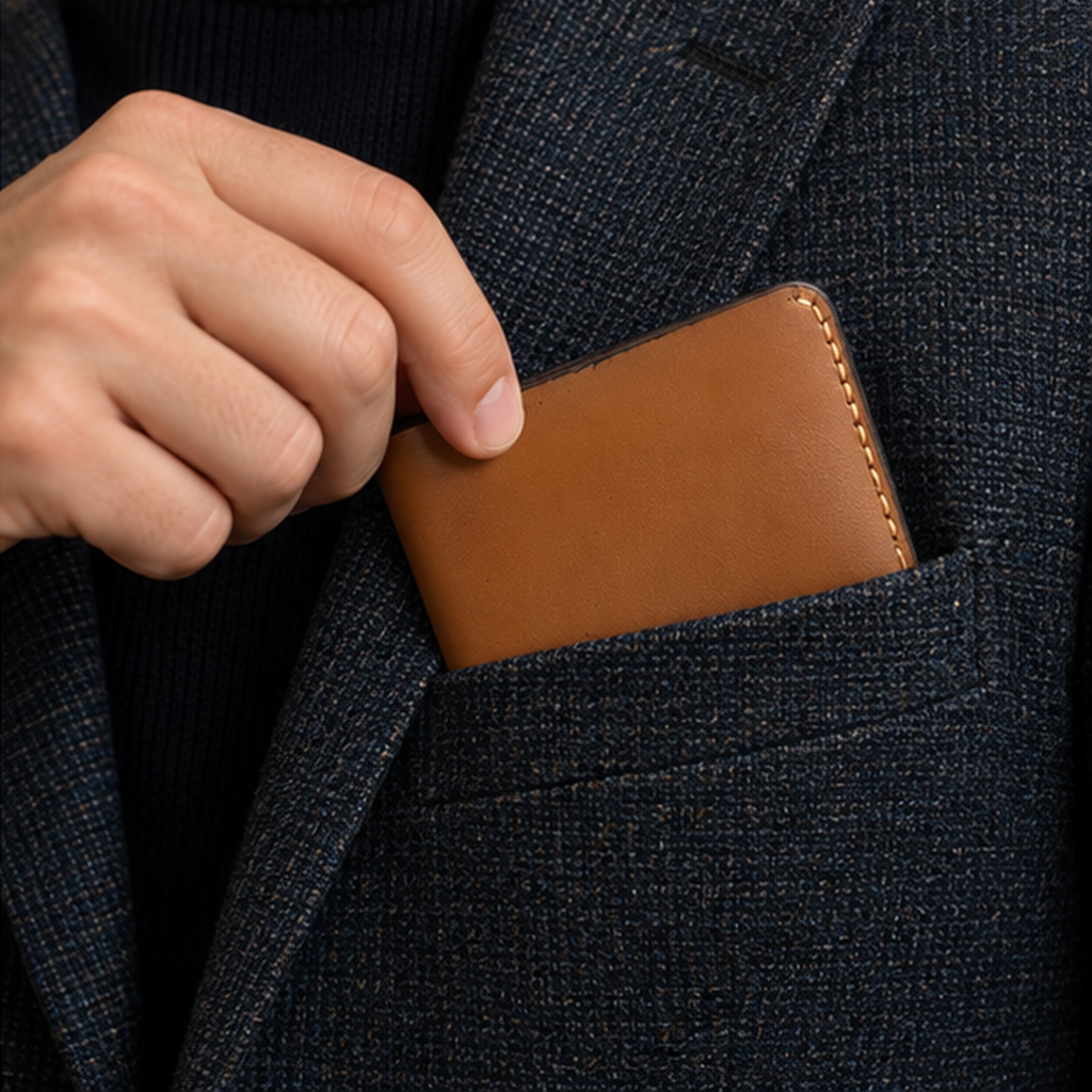 Cognac & Espresso Bifold Wallet, lifestyle shot, carried