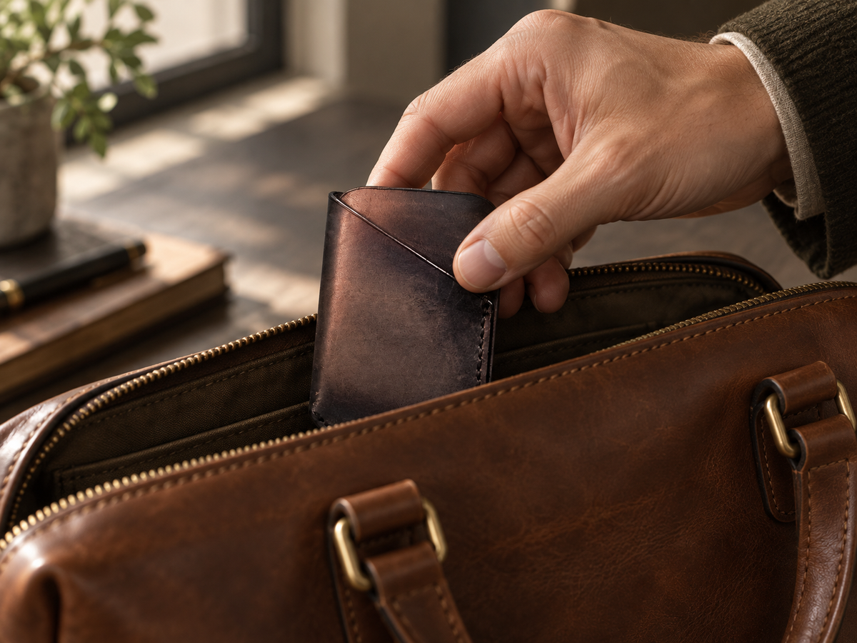 Deep Plum Business Card Holder, lifestyle shot, carried