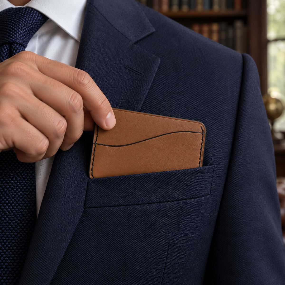 Honey Brown Slim Card Holder, lifestyle shot, carried