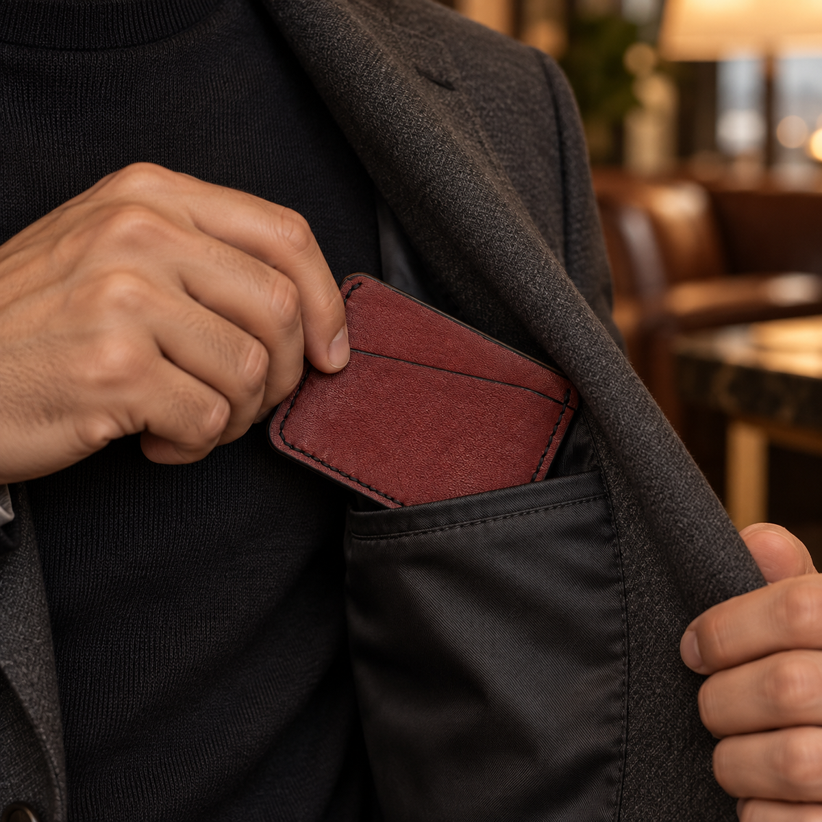Matte Red Slim Card Holder, lifestyle shot, carried