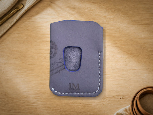 Storm Blue Calligraphy Business Card Holder, back with thumb-slot cutout