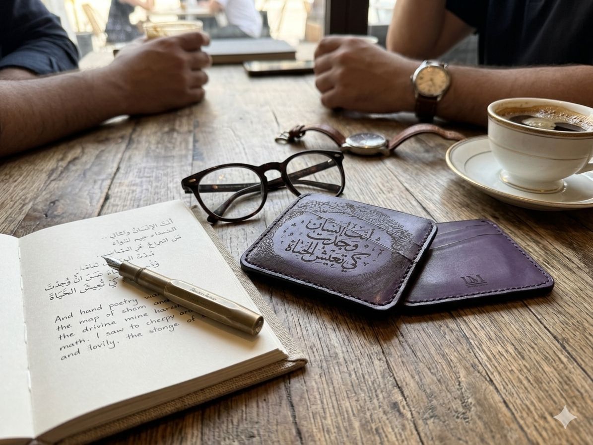 Engraved leather card holders beside an open journal and coffee at a café table