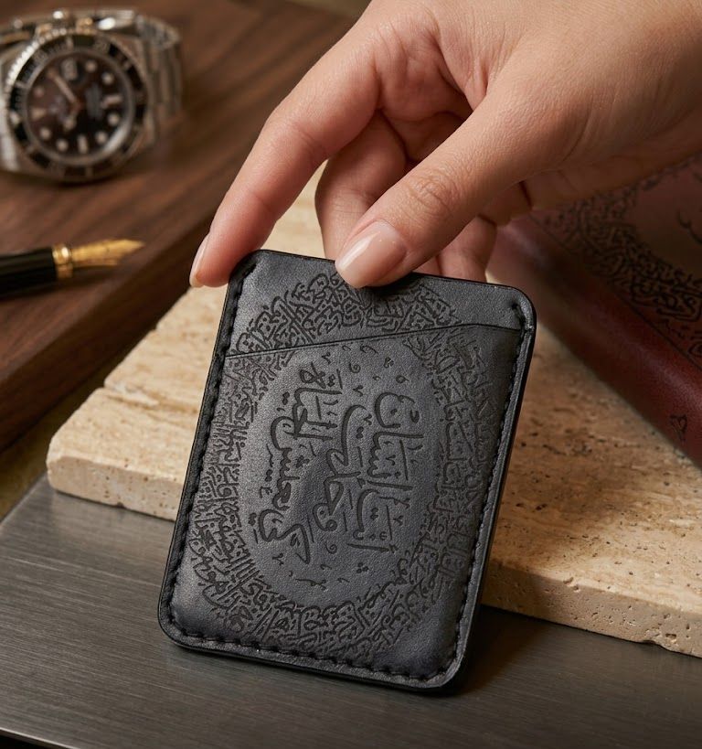 Black leather card holder engraved edge-to-edge with Arabic calligraphy, held in a hand