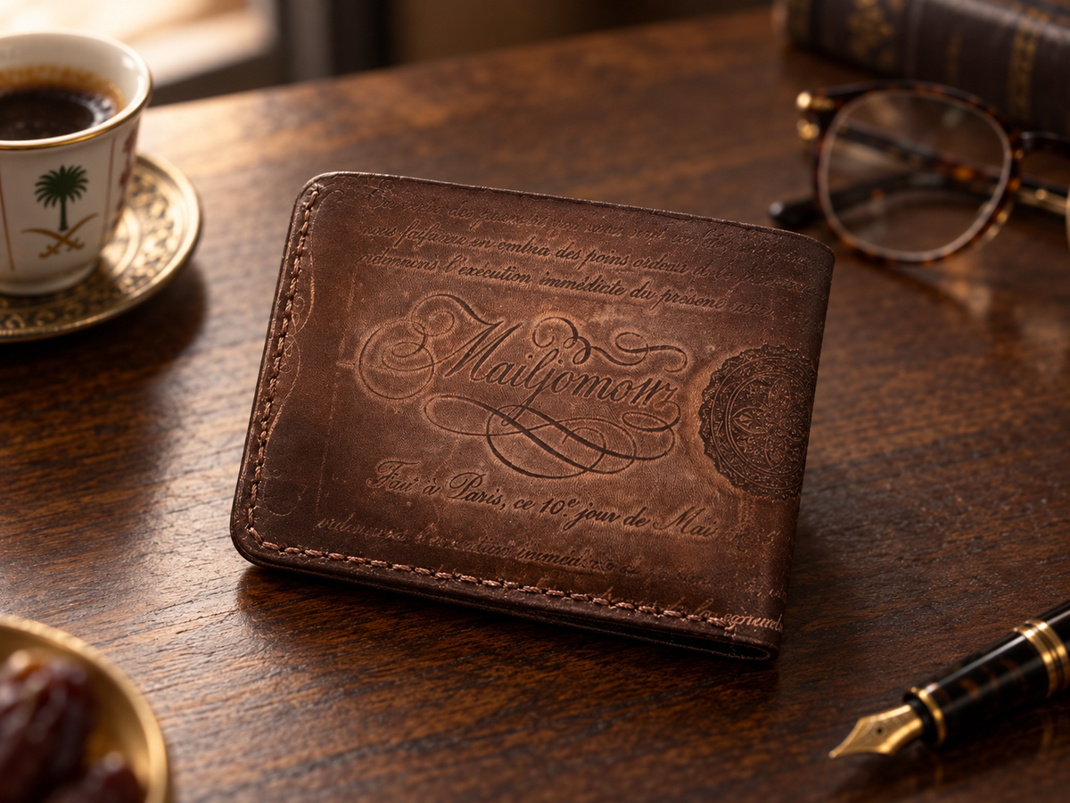 Antique Brown Scrollwork Bifold Wallet, lifestyle shot, table setting