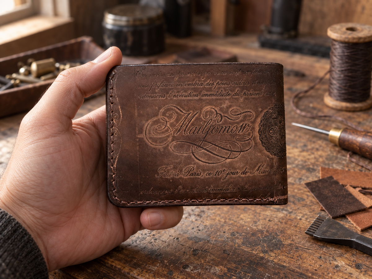 Antique Brown Scrollwork Bifold Wallet, lifestyle shot, held in hand