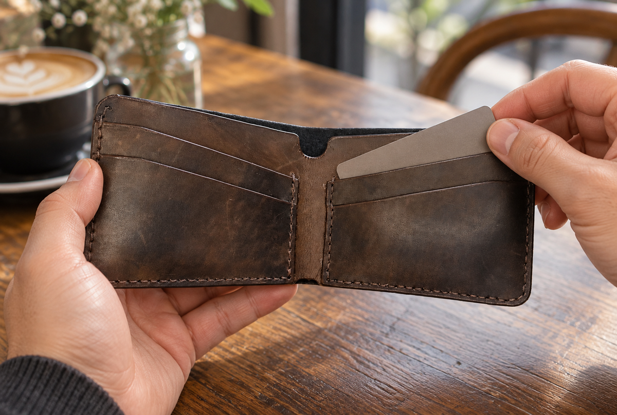 Antique Brown Scrollwork Bifold Wallet, lifestyle shot, in use