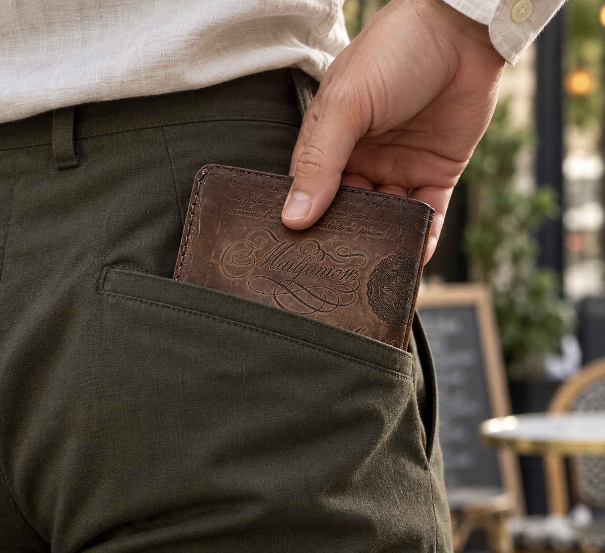 Antique Brown Scrollwork Bifold Wallet, lifestyle shot, carried