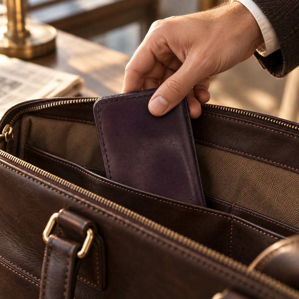 Aubergine Folded Card Holder, lifestyle shot, carried