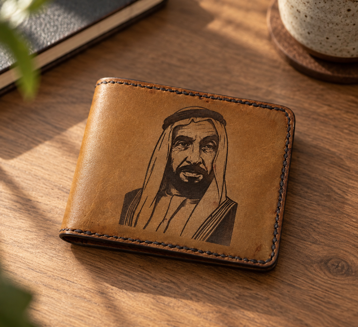 Beige Portrait Bifold Wallet, lifestyle shot, table setting