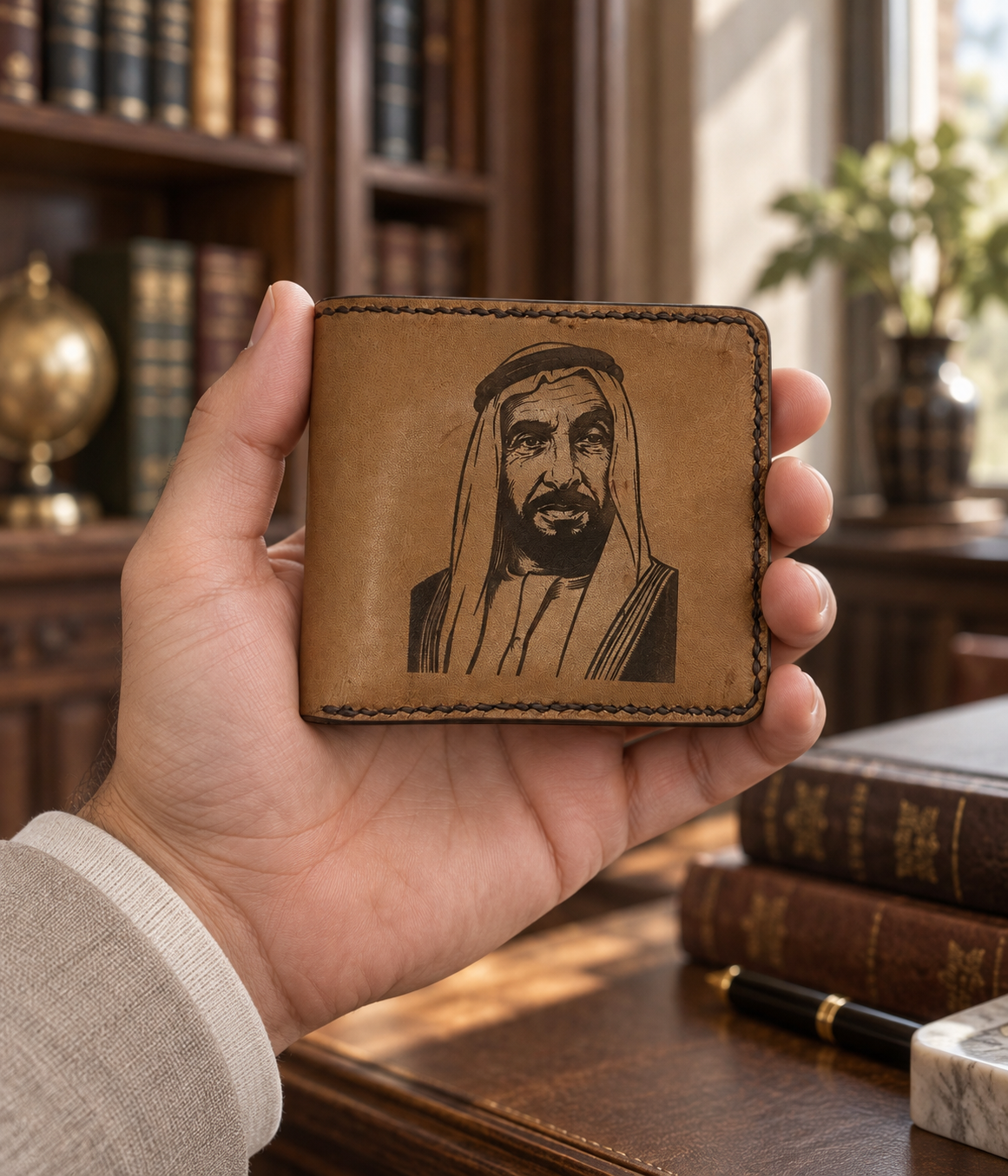 Beige Portrait Bifold Wallet, lifestyle shot, held in hand