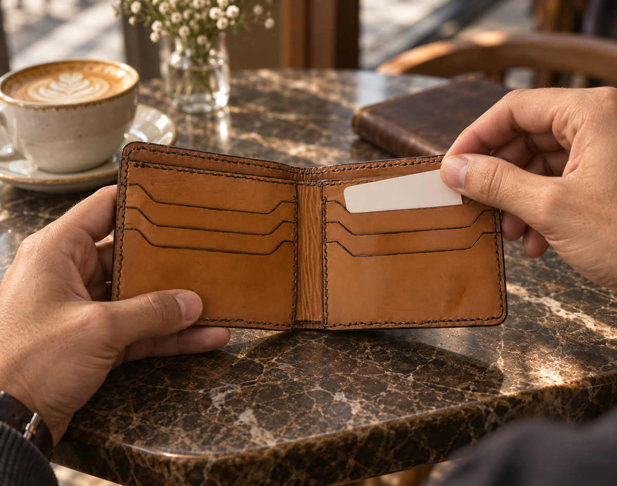 Beige Portrait Bifold Wallet, lifestyle shot, in use