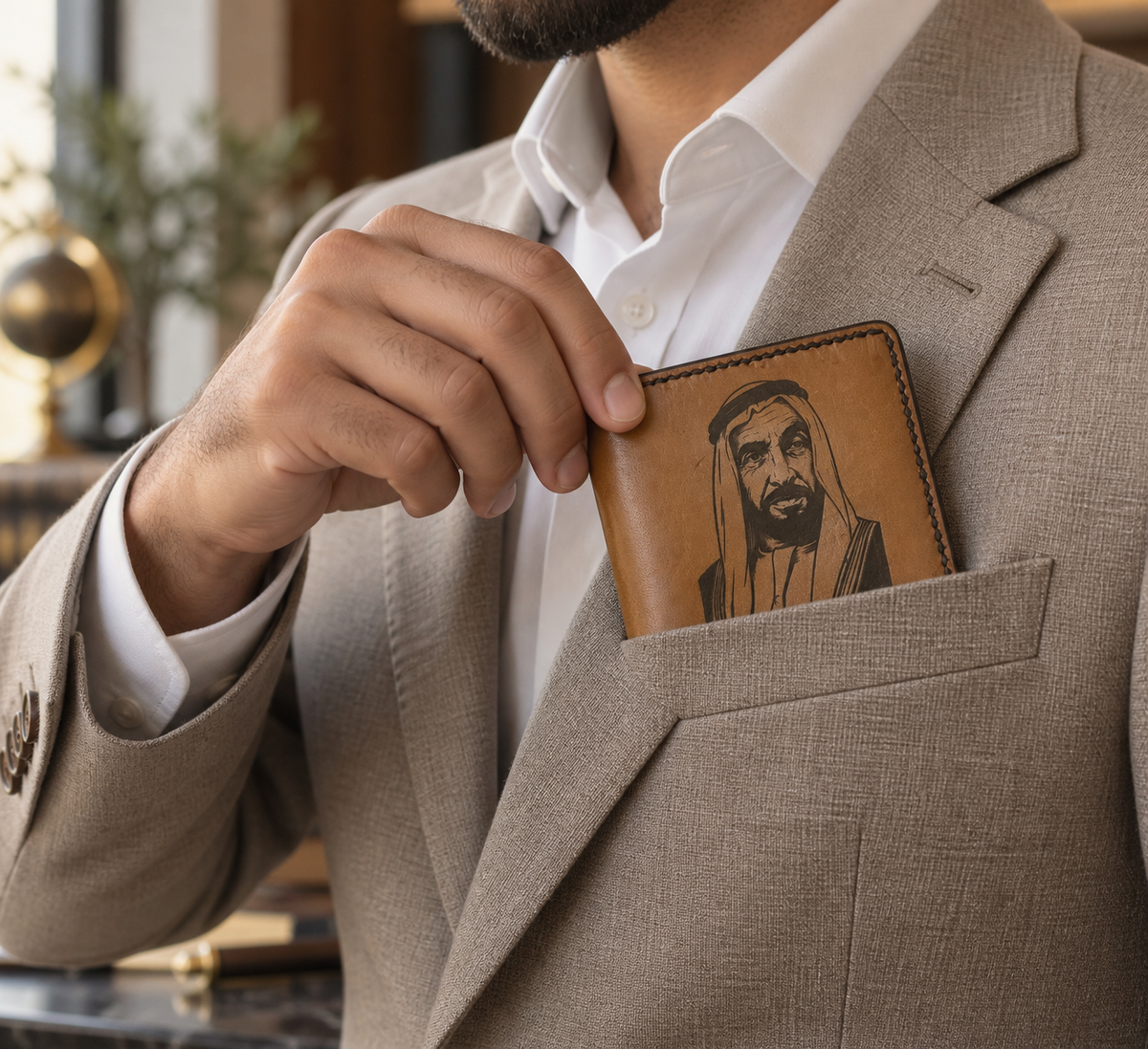 Beige Portrait Bifold Wallet, lifestyle shot, carried