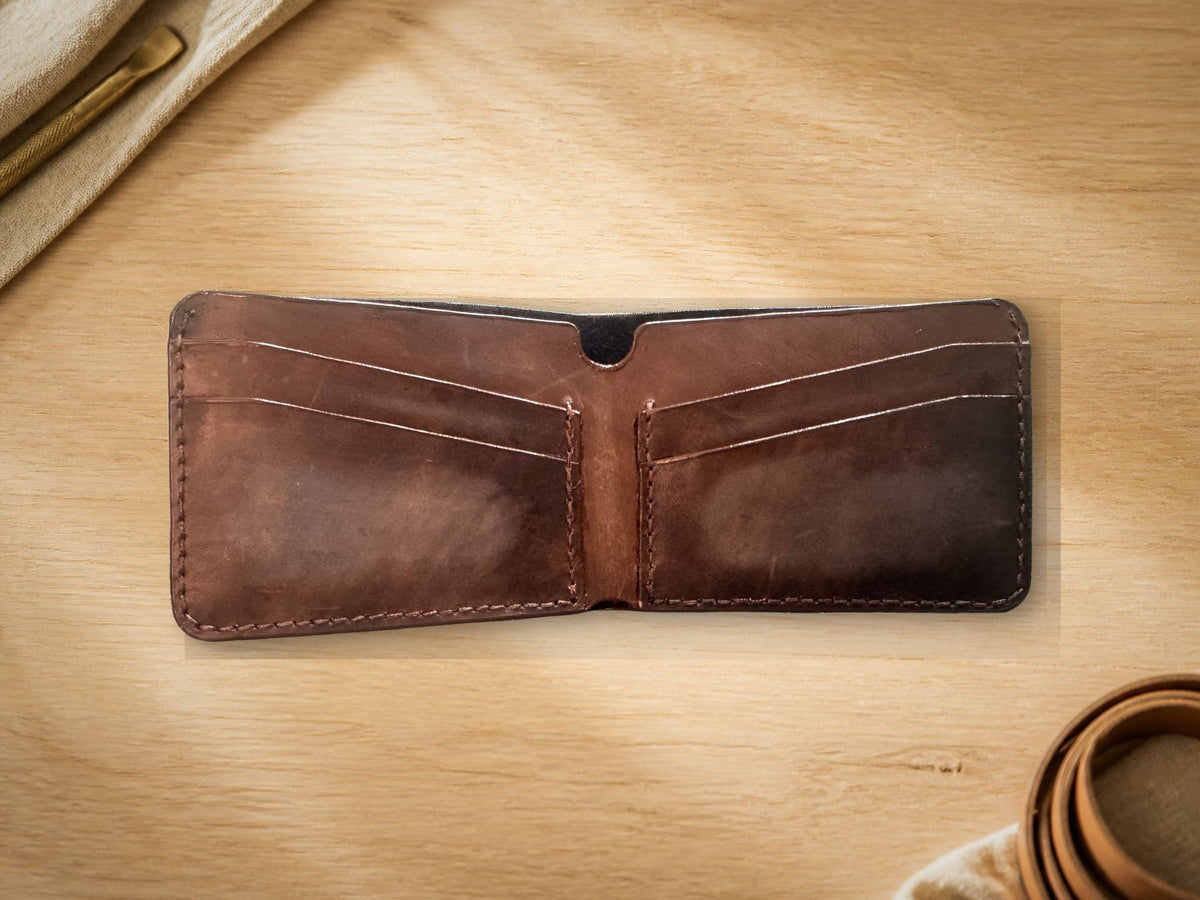 Antique Brown Scrollwork Bifold Wallet, open interior, angled view
