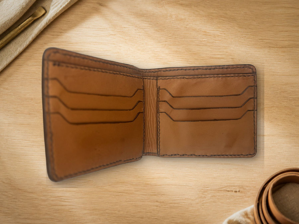 Beige Portrait Bifold Wallet, closed, plain back view
