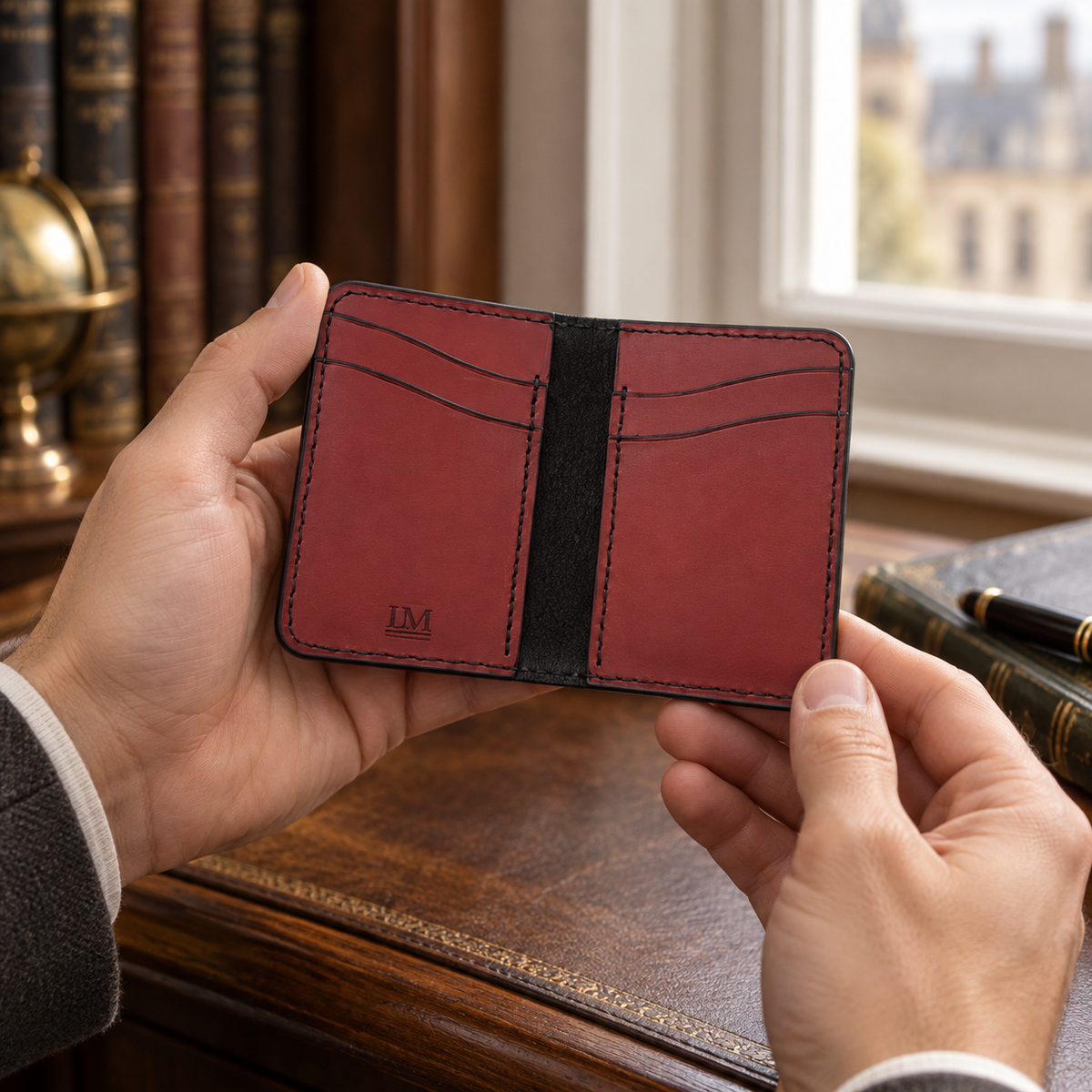 Black Antique Script Folded Card Holder, lifestyle shot, held in hand