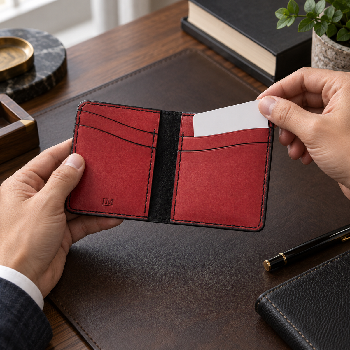 Black Antique Script Folded Card Holder, lifestyle shot, in use