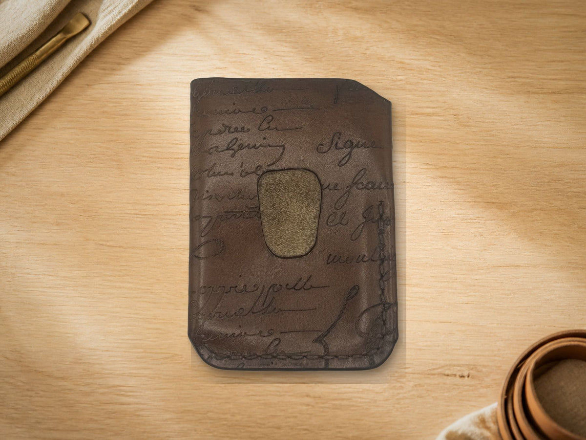 Tobacco Script Business Card Holder, front showing engraved cursive script