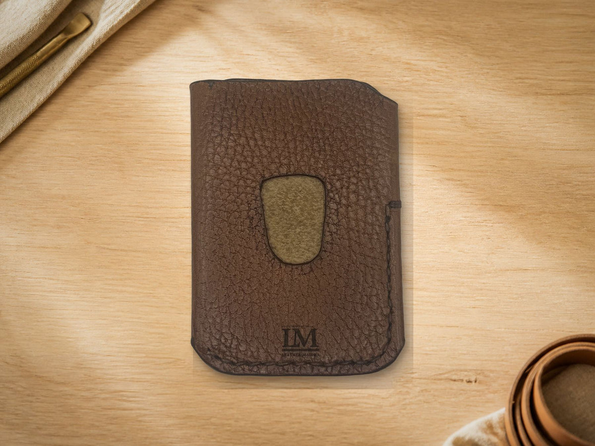 Pebbled Brown Business Card Holder, front showing pebbled leather texture