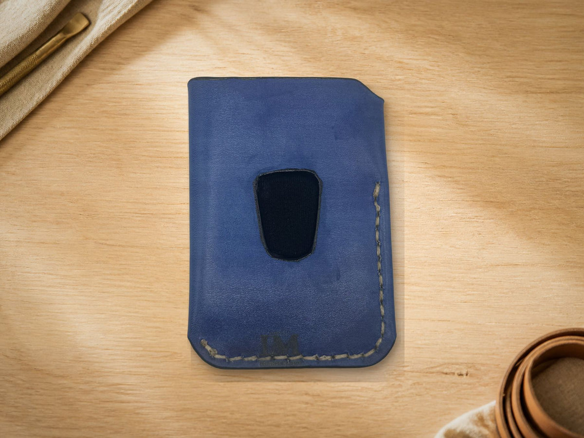 Flash Blue Fleur-de-Lis Business Card Holder, back with thumb-slot cutout