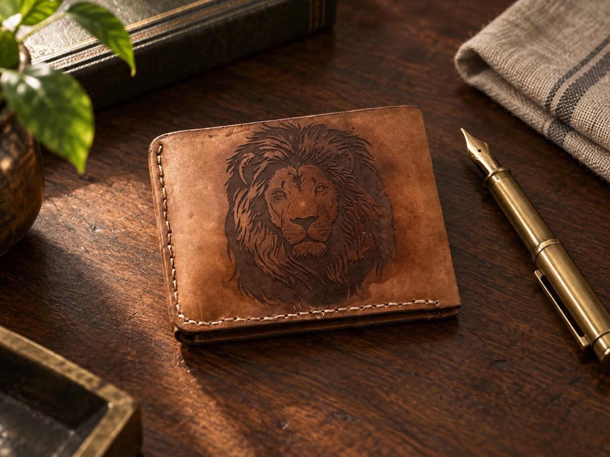 Caramel Lion Engraved Bifold Wallet, lifestyle shot, table setting