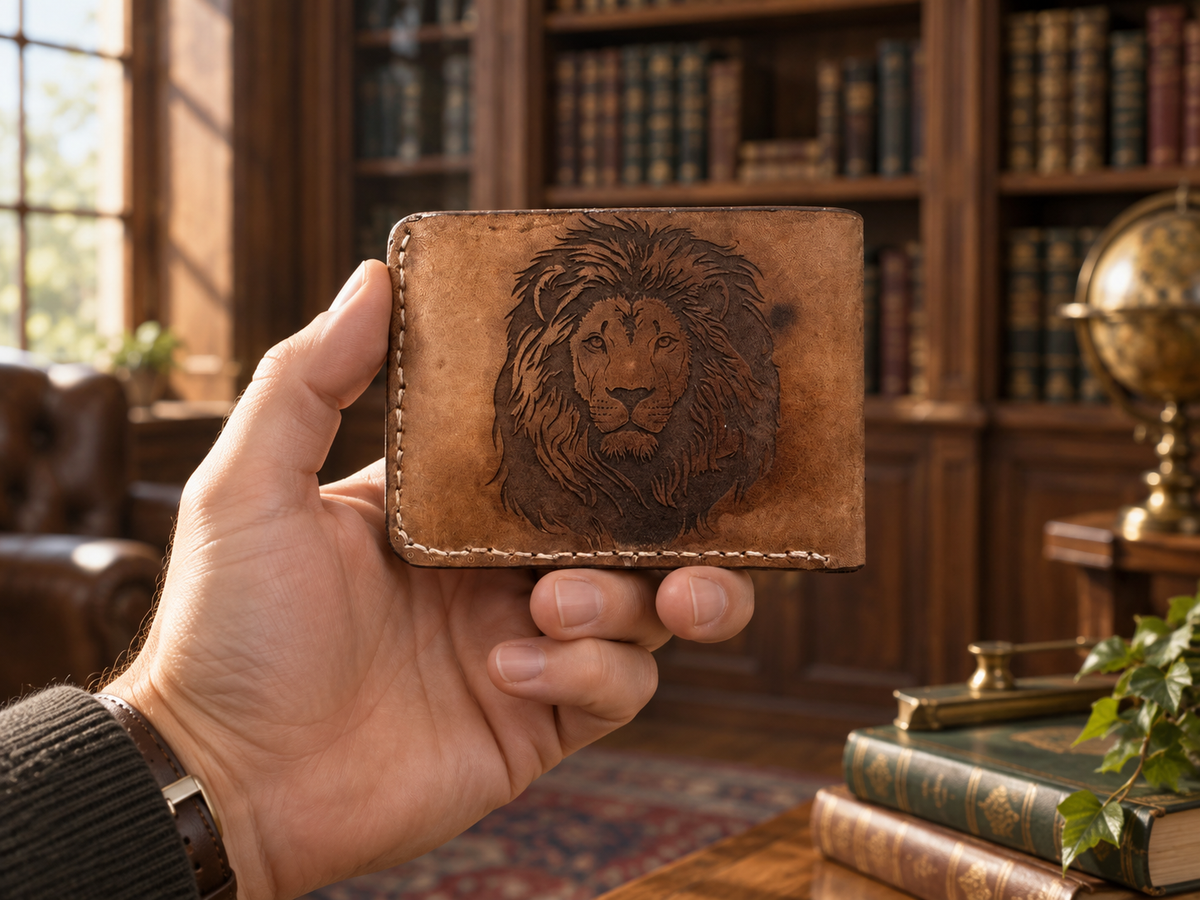 Caramel Lion Engraved Bifold Wallet, lifestyle shot, held in hand
