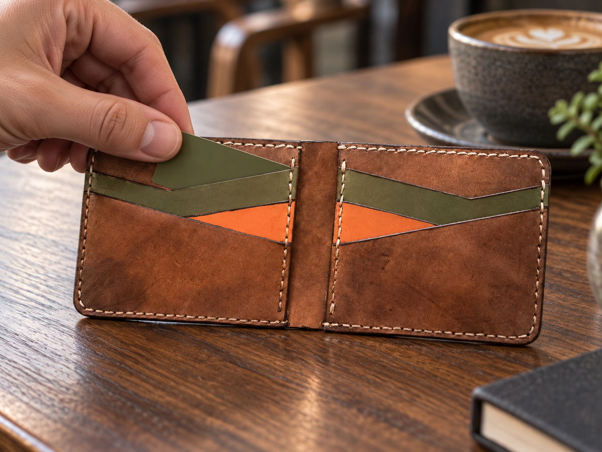 Caramel Lion Engraved Bifold Wallet, lifestyle shot, in use