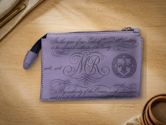 Leather Maison Steel Blue Clutch with engraved monogram and crest