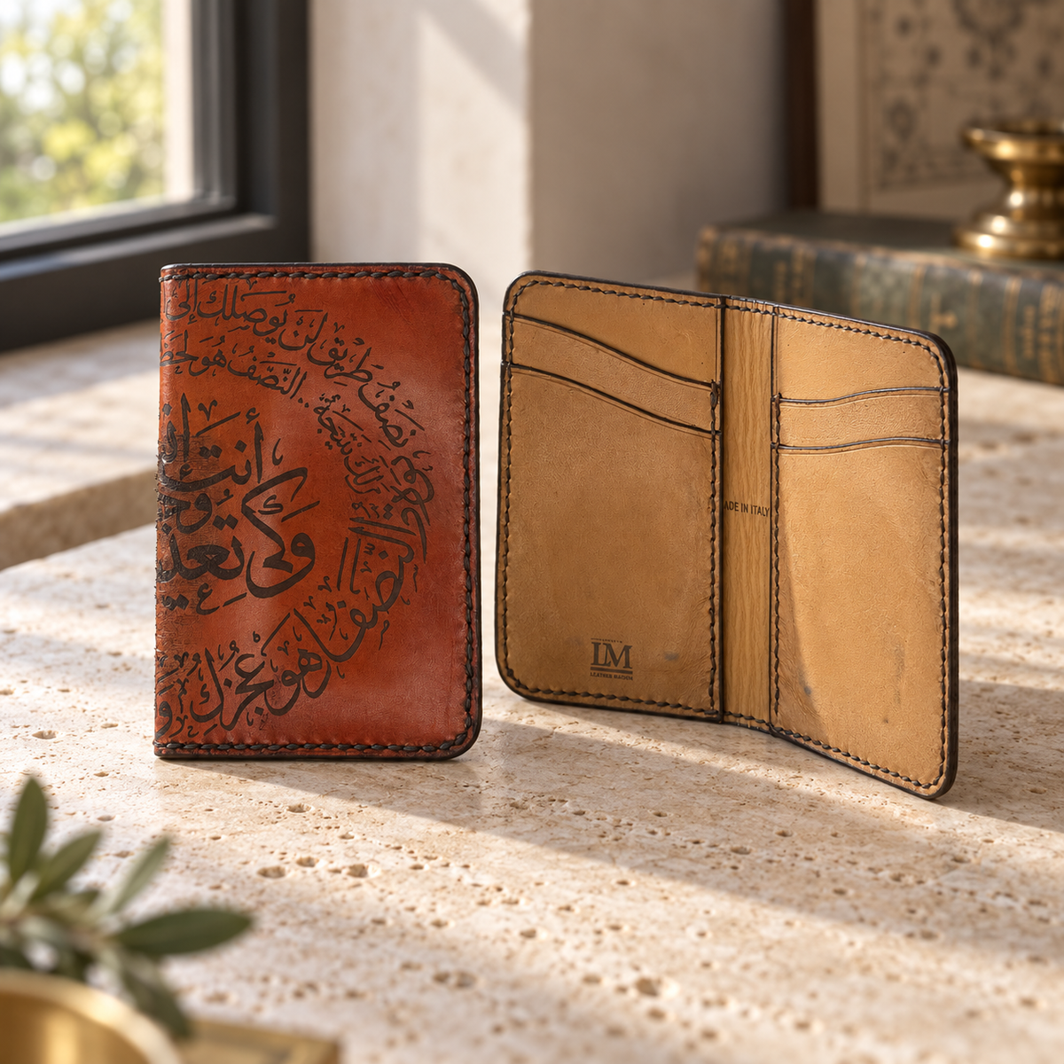 Cognac Arabic Calligraphy Folded Card Holder, lifestyle shot, table setting