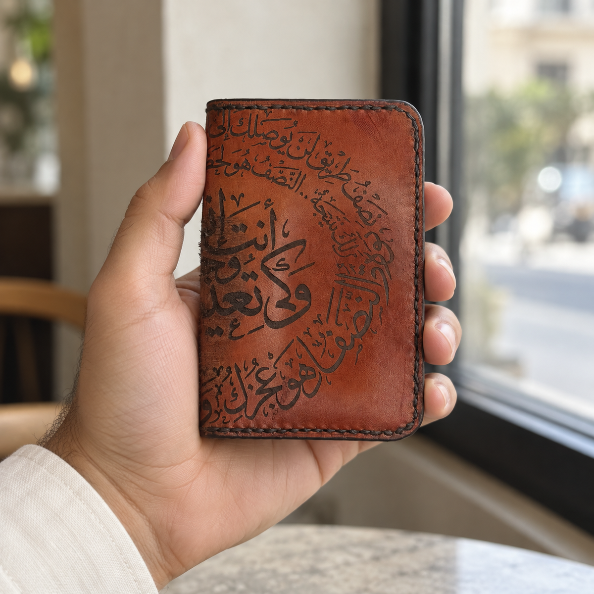 Cognac Arabic Calligraphy Folded Card Holder, lifestyle shot, held in hand