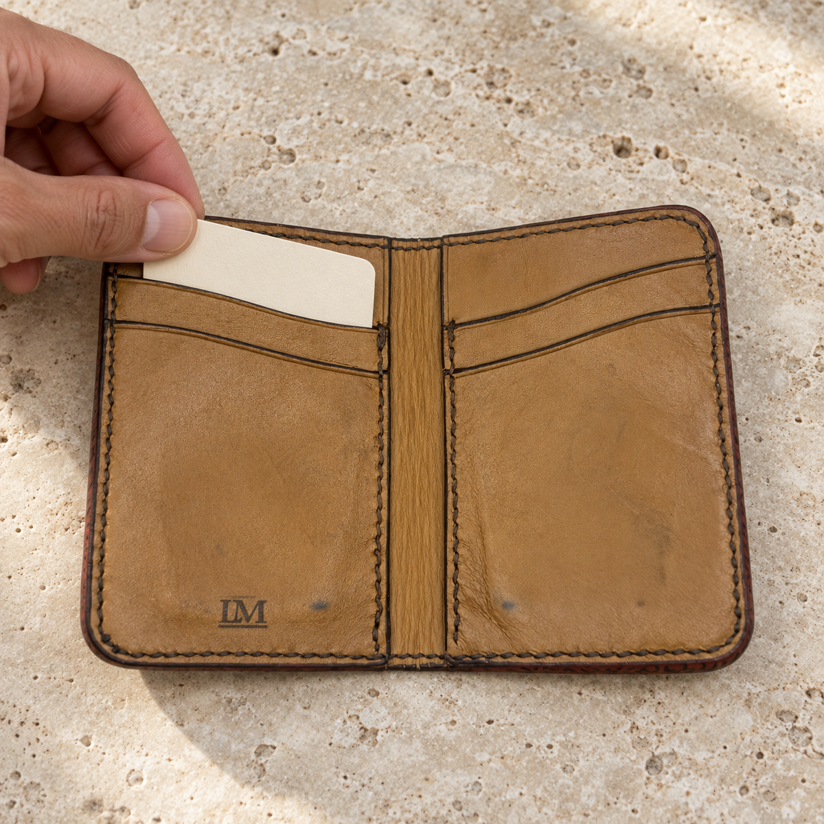 Cognac Arabic Calligraphy Folded Card Holder, lifestyle shot, in use