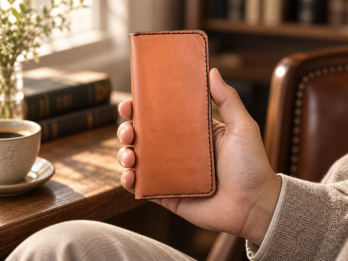 Cognac Wave-Stitched Long Wallet, lifestyle shot, held in hand