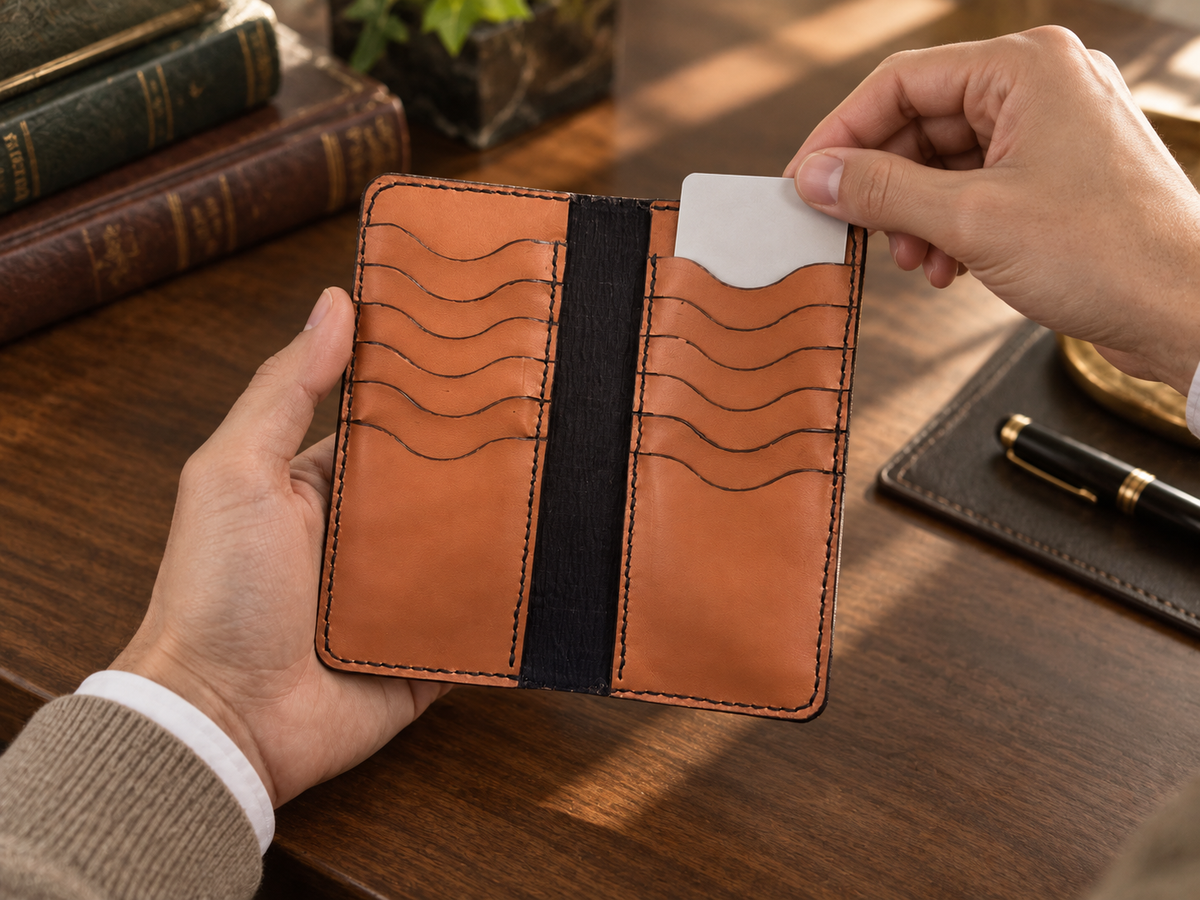 Cognac Wave-Stitched Long Wallet, lifestyle shot, in use