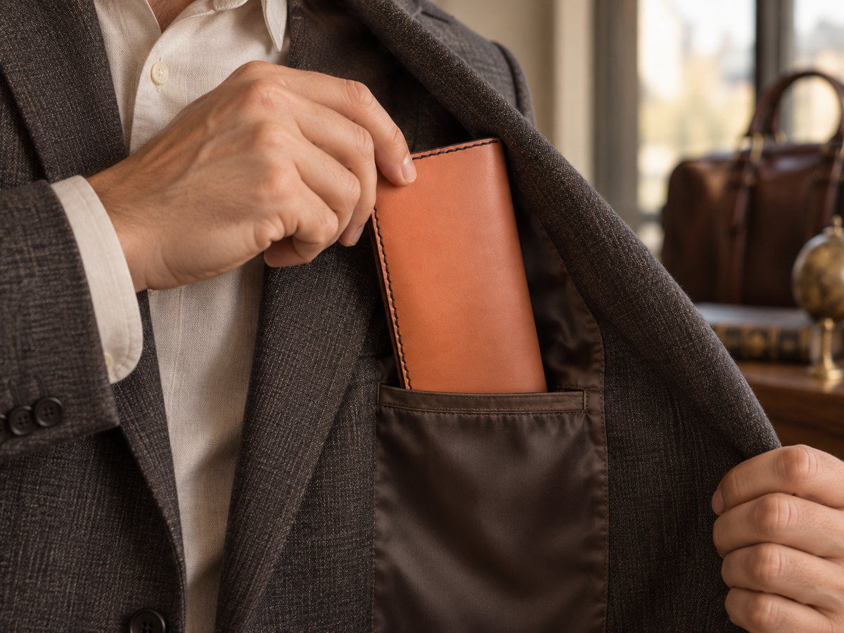Cognac Wave-Stitched Long Wallet, lifestyle shot, carried