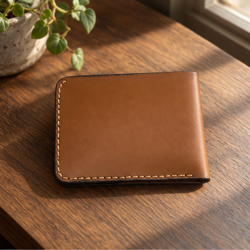 Cognac & Espresso Bifold Wallet, lifestyle shot, table setting