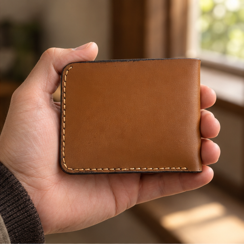 Cognac & Espresso Bifold Wallet, lifestyle shot, held in hand