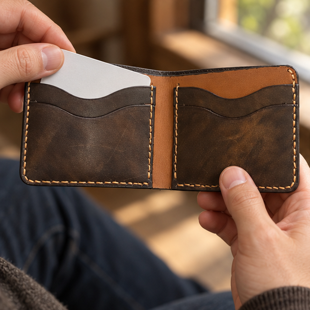 Cognac & Espresso Bifold Wallet, lifestyle shot, in use