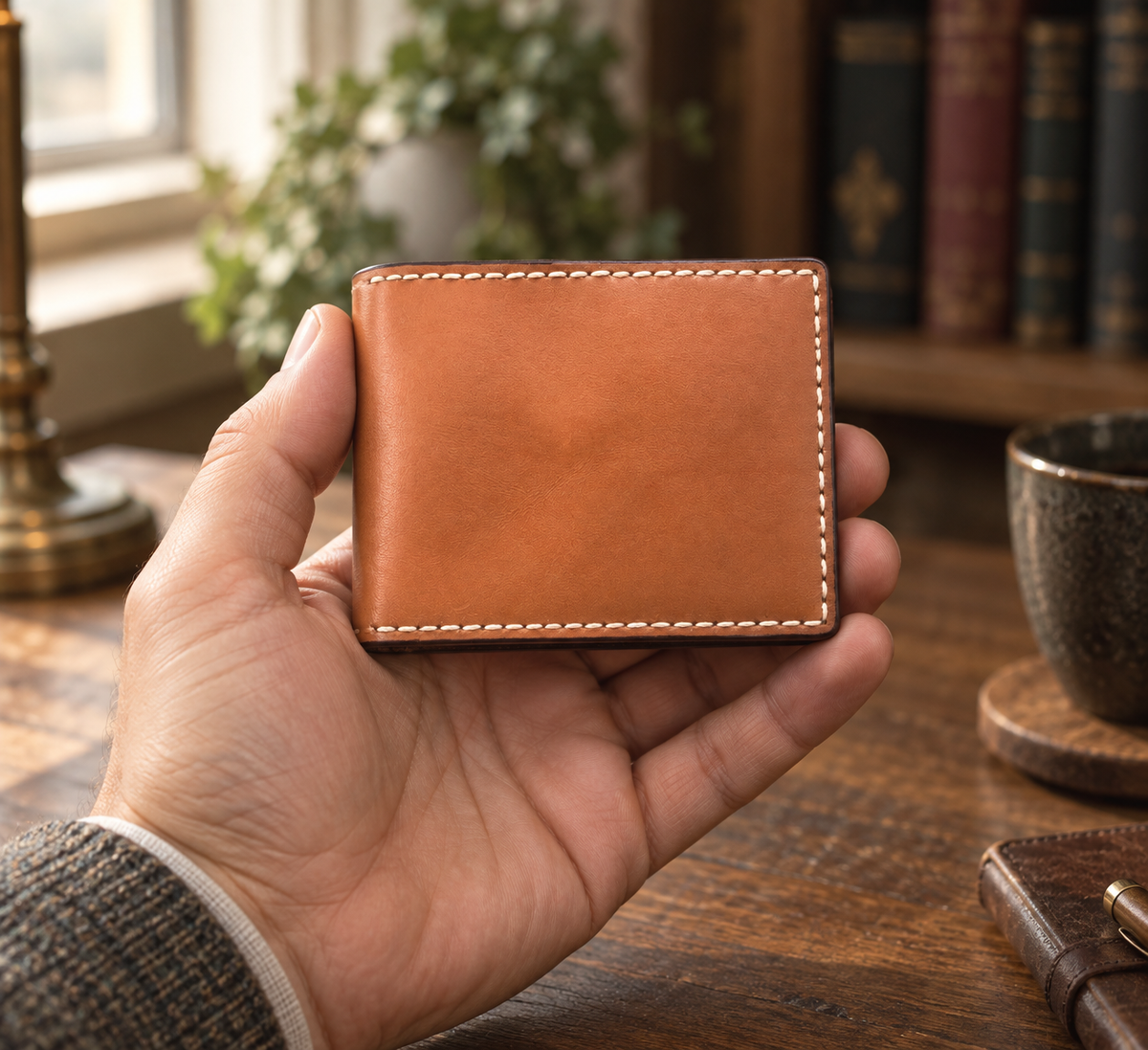 Coin Pocket Bifold Wallet, lifestyle shot, held in hand