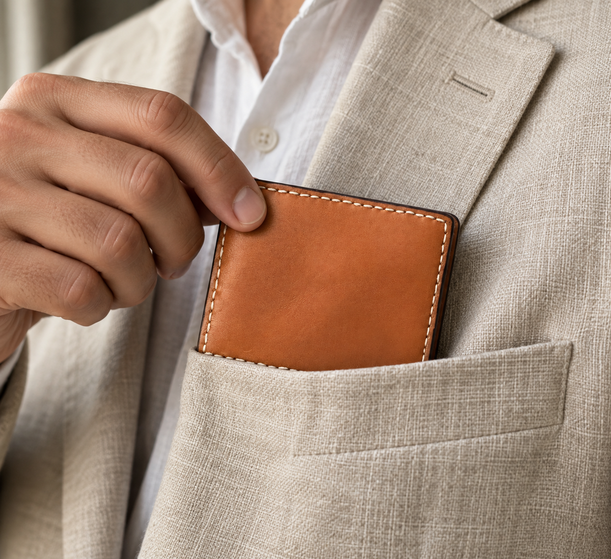 Coin Pocket Bifold Wallet, lifestyle shot, carried