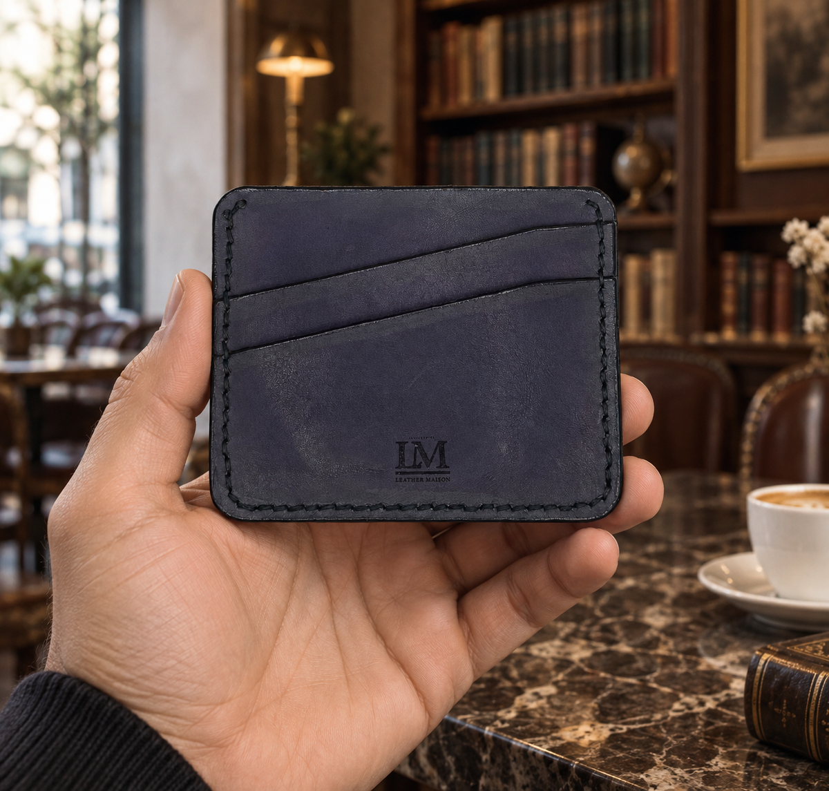 Dark Purple Slim Card Holder, Large, lifestyle shot, held in hand