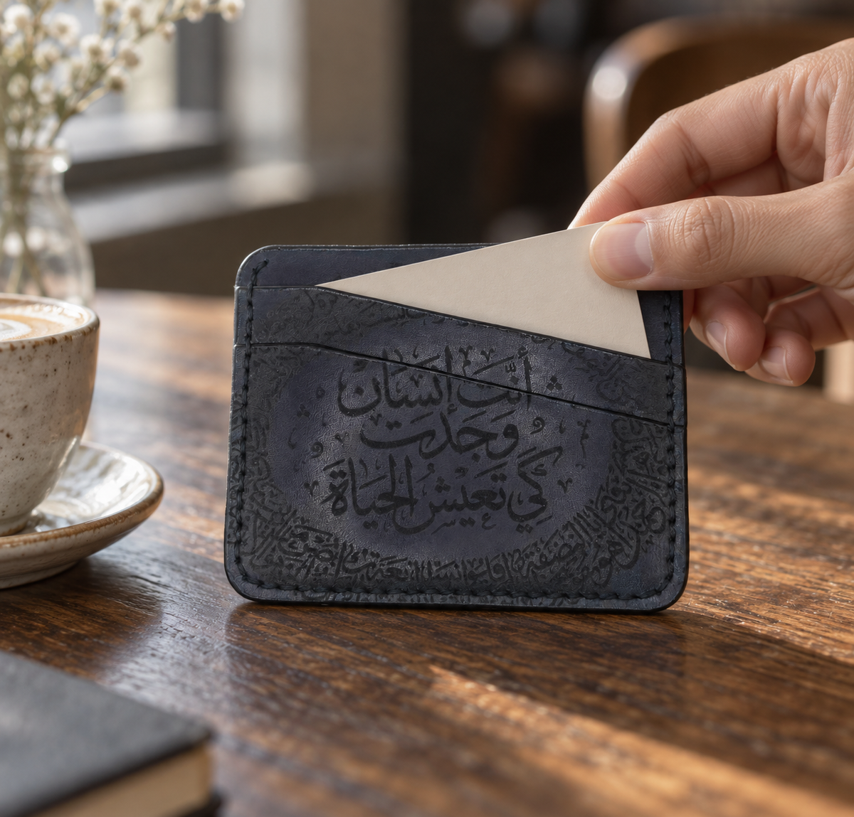 Dark Purple Slim Card Holder, Large, lifestyle shot, in use