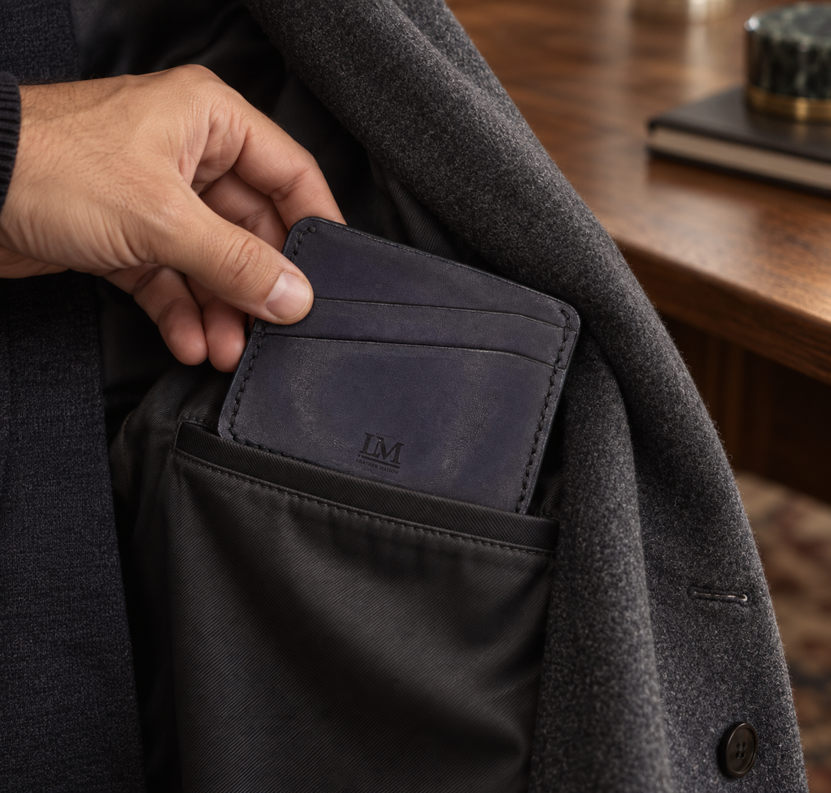 Dark Purple Slim Card Holder, Large, lifestyle shot, carried