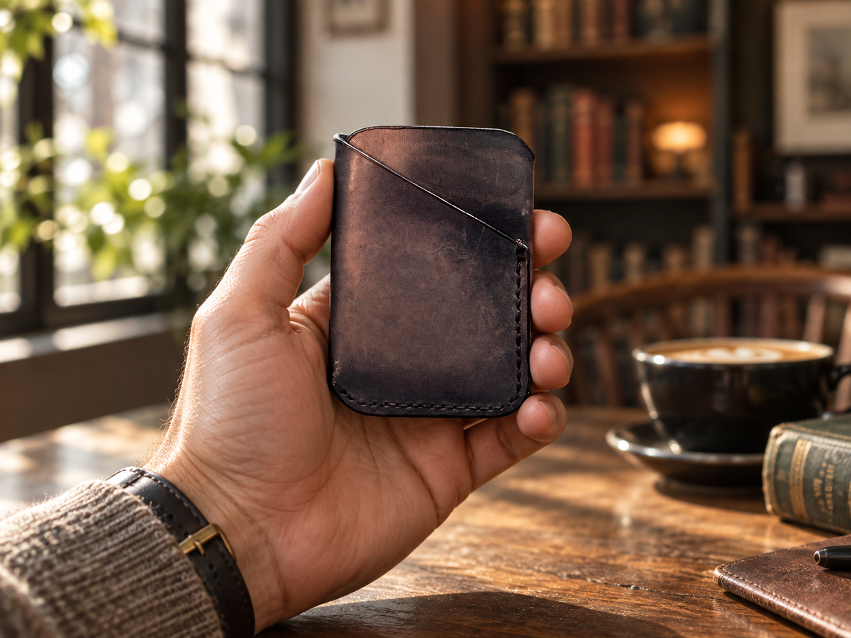 Deep Plum Business Card Holder, lifestyle shot, held in hand