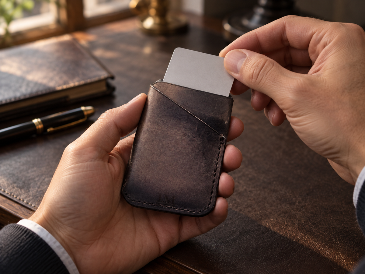 Deep Plum Business Card Holder, lifestyle shot, in use