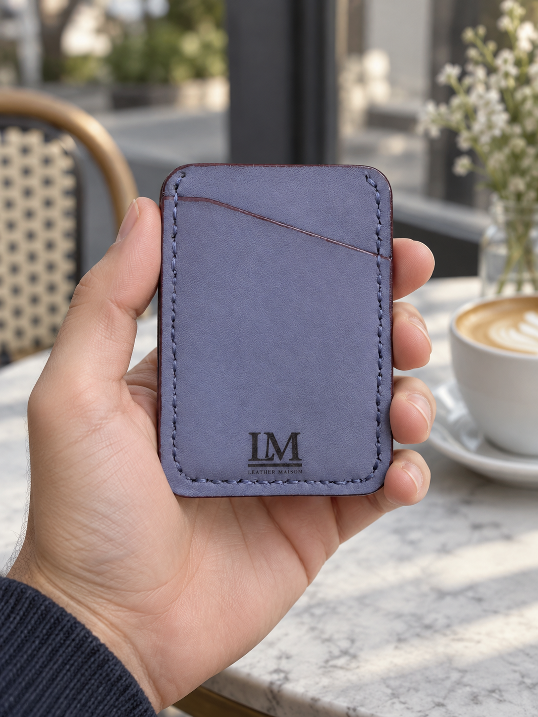 Denim Grey Arabic Calligraphy Slim Card Holder, Vertical, lifestyle shot, held in hand