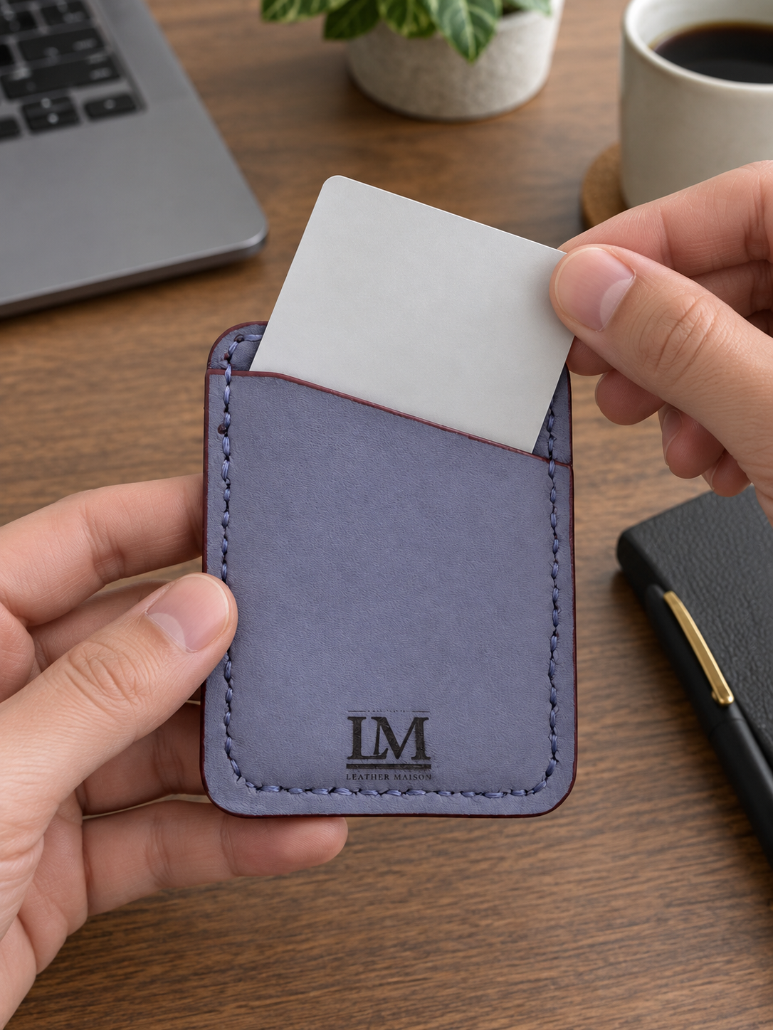 Denim Grey Arabic Calligraphy Slim Card Holder, Vertical, lifestyle shot, in use