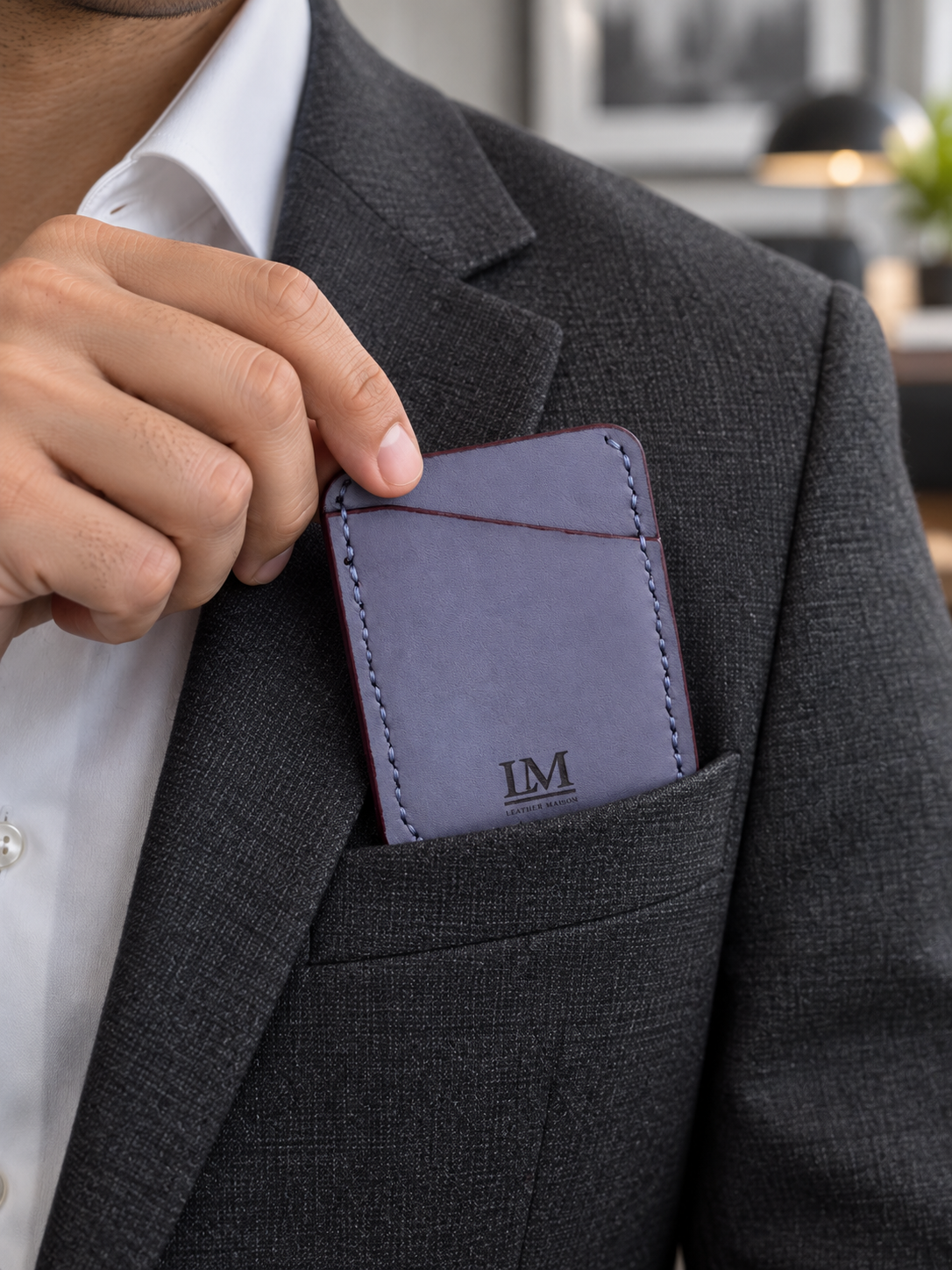 Denim Grey Arabic Calligraphy Slim Card Holder, Vertical, lifestyle shot, carried