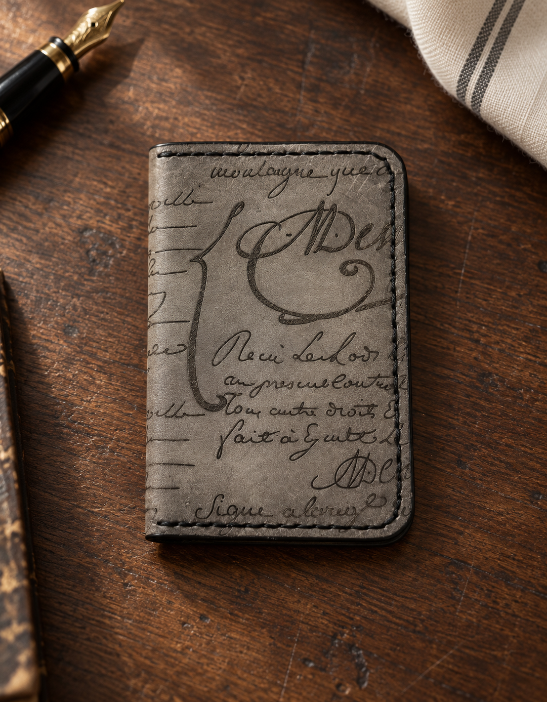 Dove-Grey Script Folded Card Holder, lifestyle shot, table setting