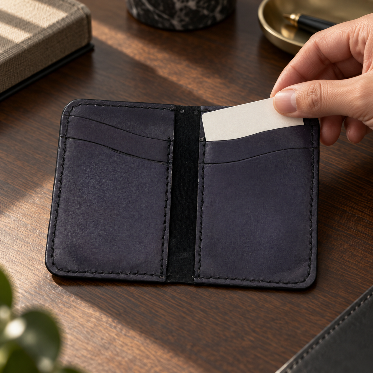 Dove-Grey Script Folded Card Holder, lifestyle shot, in use