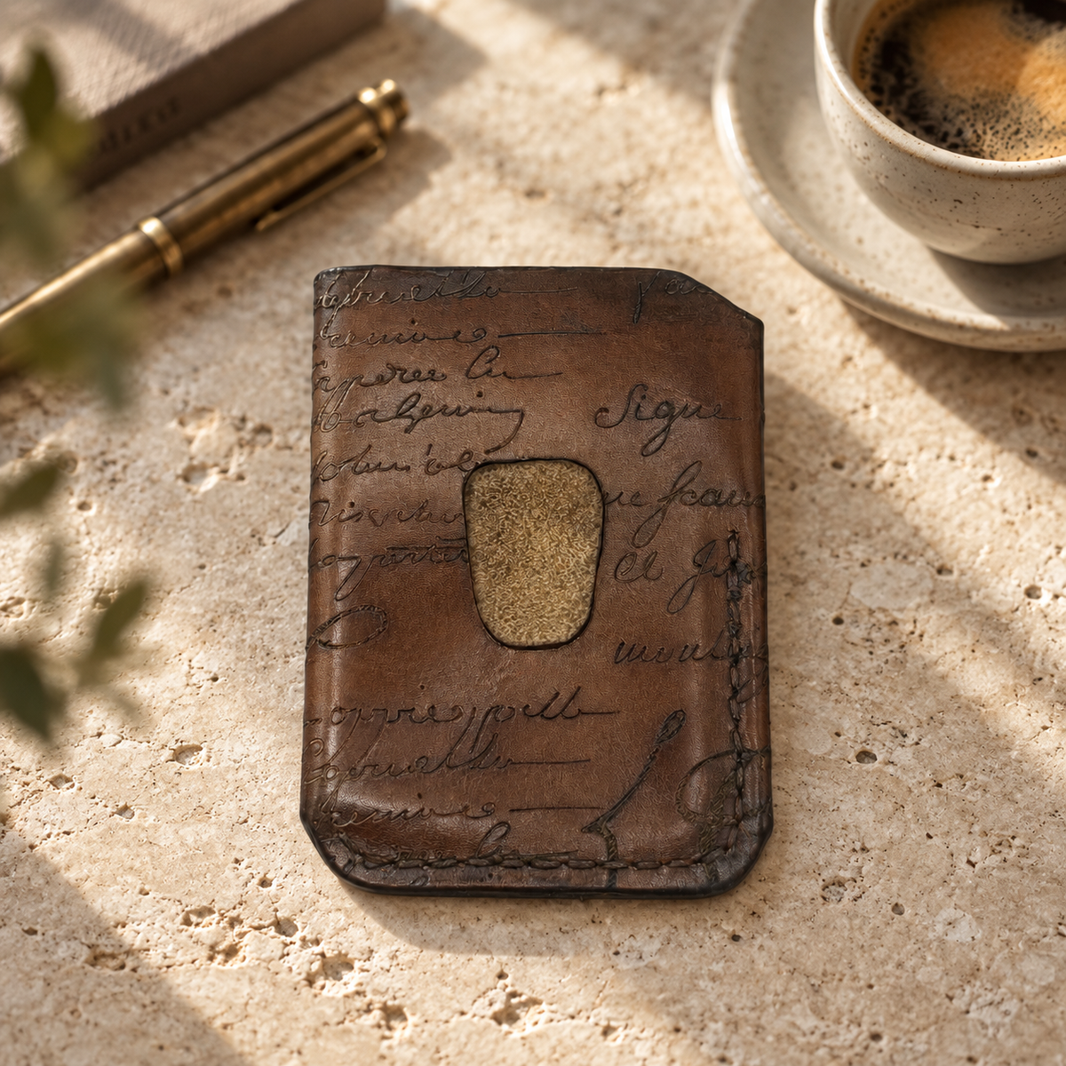 Espresso Script Business Card Holder, lifestyle shot, table setting